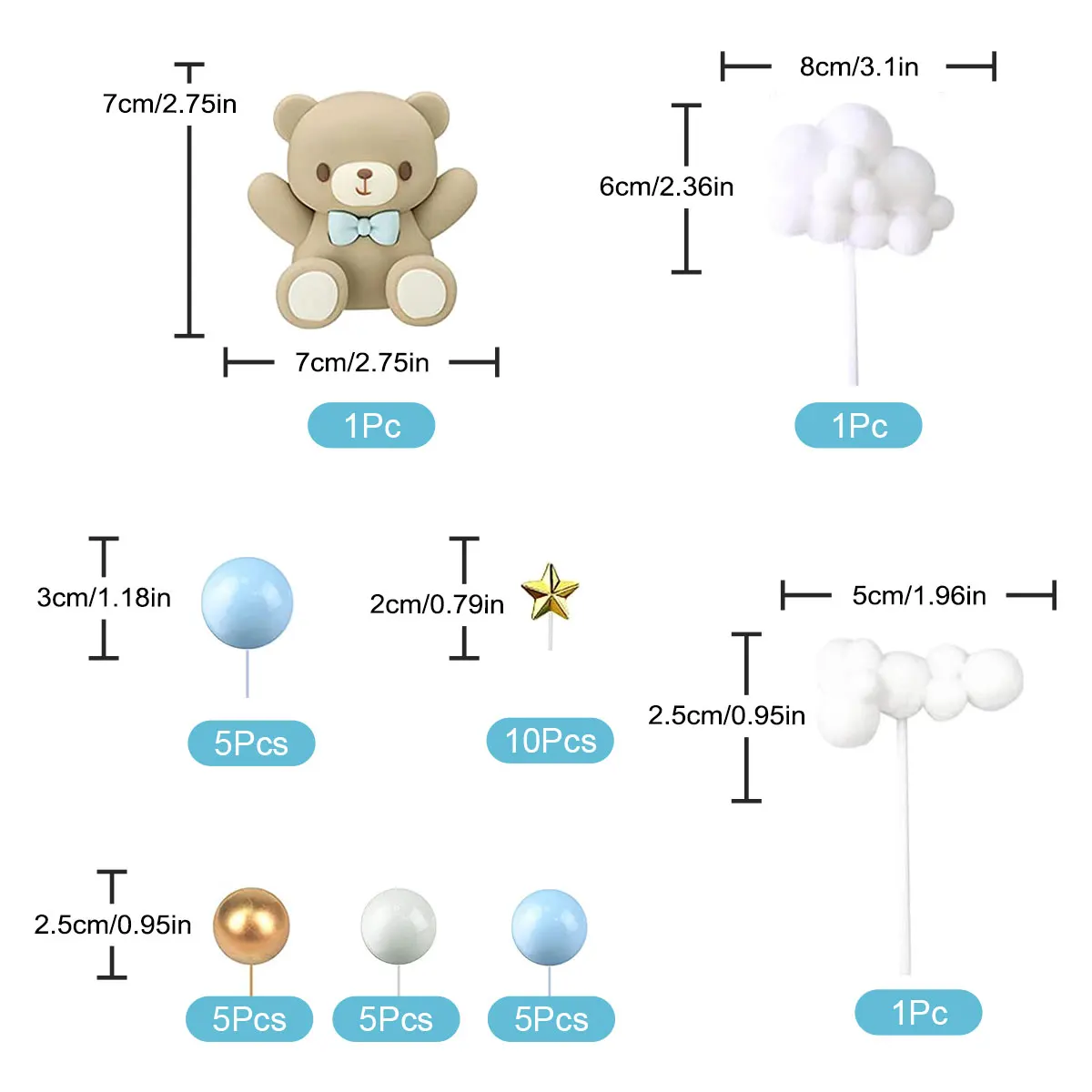 33pcs Baby Shower Cake Topper Set - Blue Bear & Star Cloud Decorations for Birthday Party, Gender Reveal Cake Decor