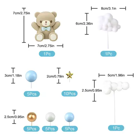 33 delar babyshower-tårtdekorationer - Blå björn och stjärnmolndekorationer för födelsedagsfest, könsavslöjande tårtdekorationer 10 best sales björntårtdekoration - №8