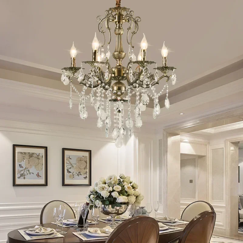 European Style Dining Room Crystal Chandelier Zinc Alloy Bedroom Living Room Lamps Restoring Bronze Villa Hotel Chandelier