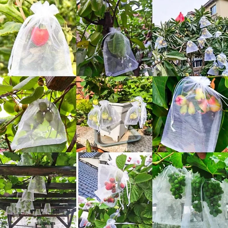 100pcs Strawberry Grapes Fruit Grow Bags Netting Mesh Vegetable Plant Protection Bags For Pest Control Anti-Bird Garden Tools