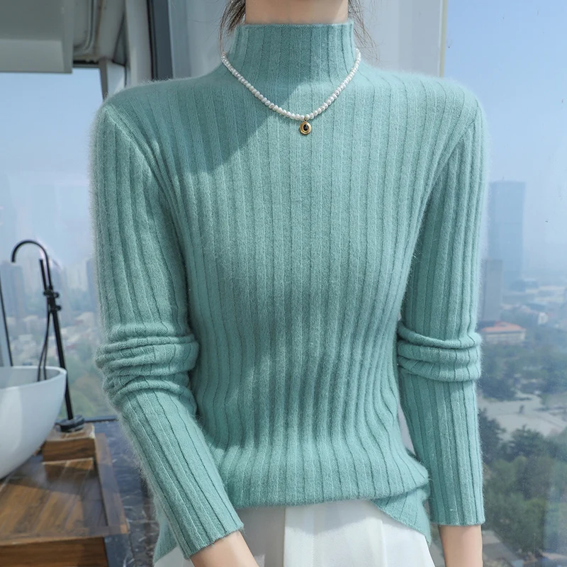 Women\'s Slim Fit Cashmere Sweater, Autumn And Winter Thick 100% Mink Fur Knitted Sweater, Semi High Neck Slimming Clothing DBR12