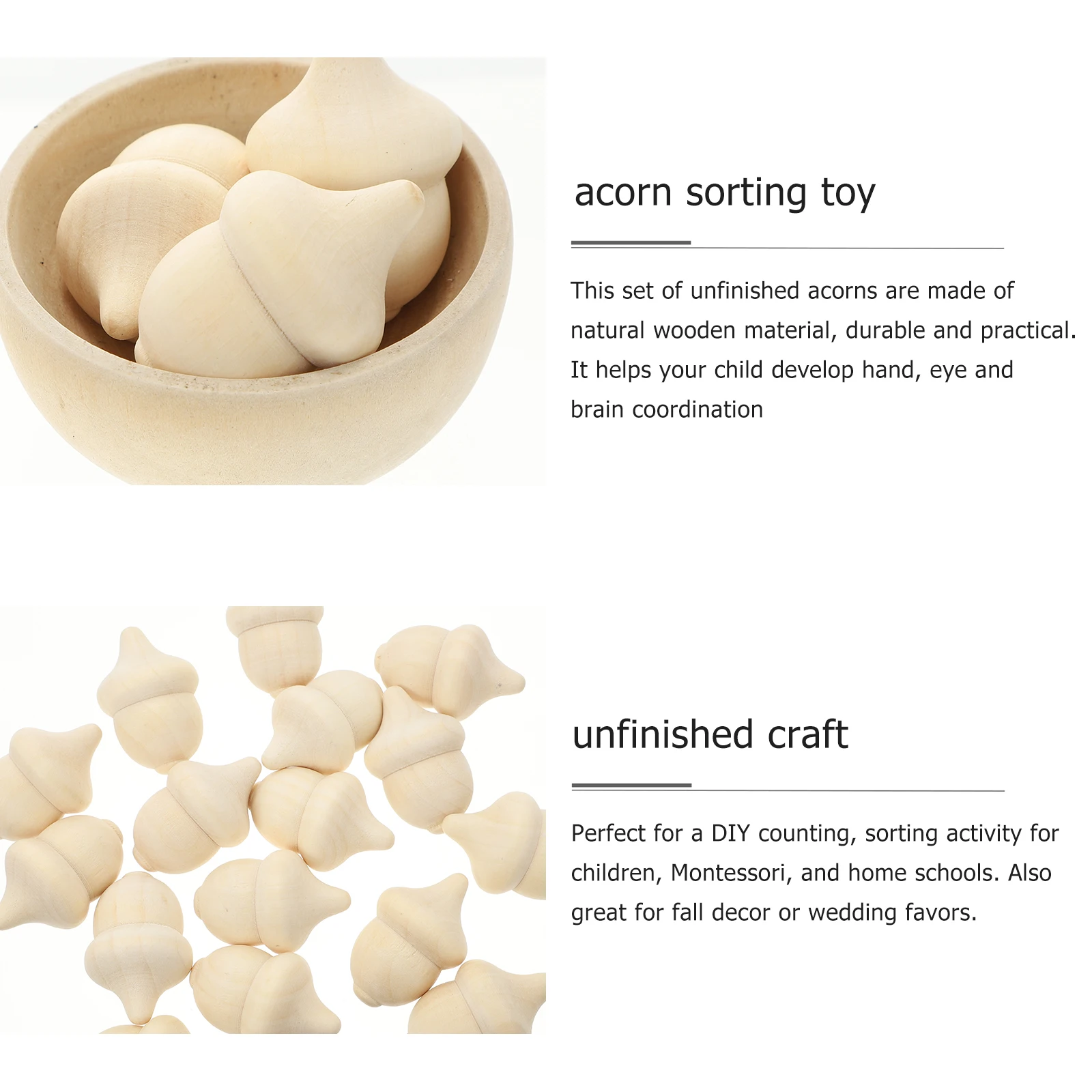 Kit de conteo y clasificación de bellotas de madera de 20 piezas, juego de madera sin terminar, Material duradero, perfecto para el desarrollo del cerebro artesanal de los niños