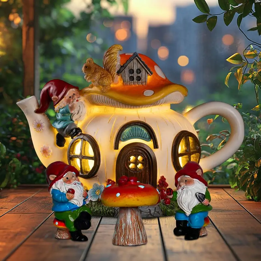 

Набор садовых светильников на солнечных батареях: Домик-гном в виде гриба и чайника, с 2 мини-гномами и 1 фигуркой гриба, для улицы