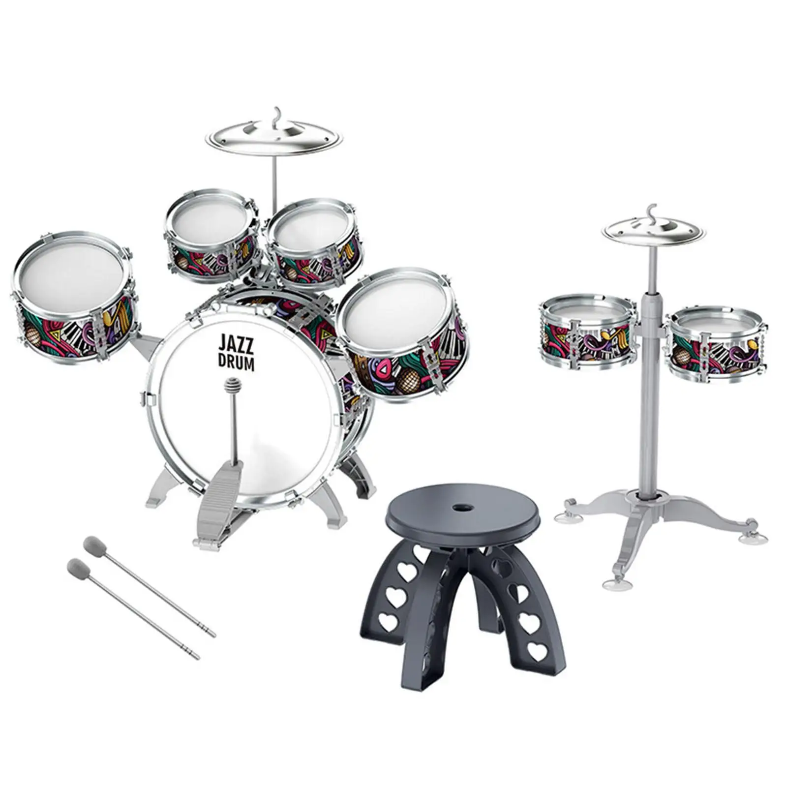 Kids Children Drum Set Music Enlightenment Playing Rhythm Beat Toy Development Toy with Stool for Birthday Gift Kindergarten