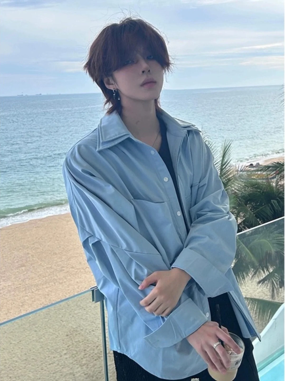 

Klein Blue Long Sve irt Men's Sle American Trendy Splice Top High-End Feeling Haome Cotton irt Outerwear