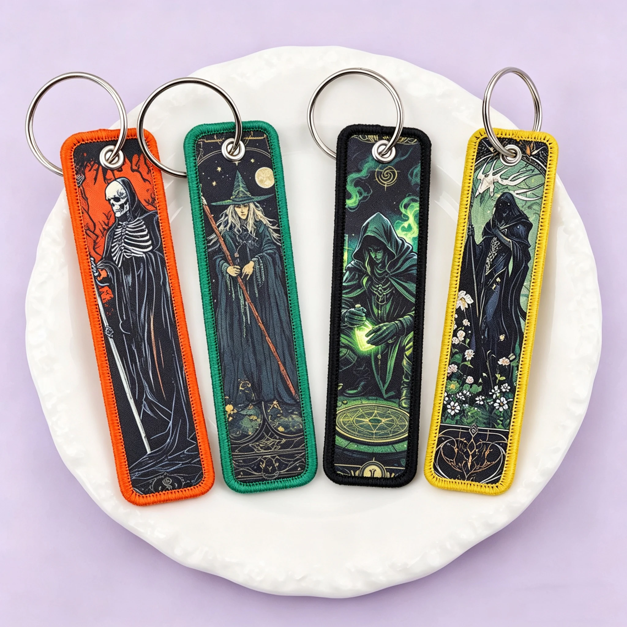 Gothic Dark Wizard Skeleton Keychain for Cars Backpack Tarot Key Holders Fashion Embroidery Keyrings Key Tag Jet Tag Accessories