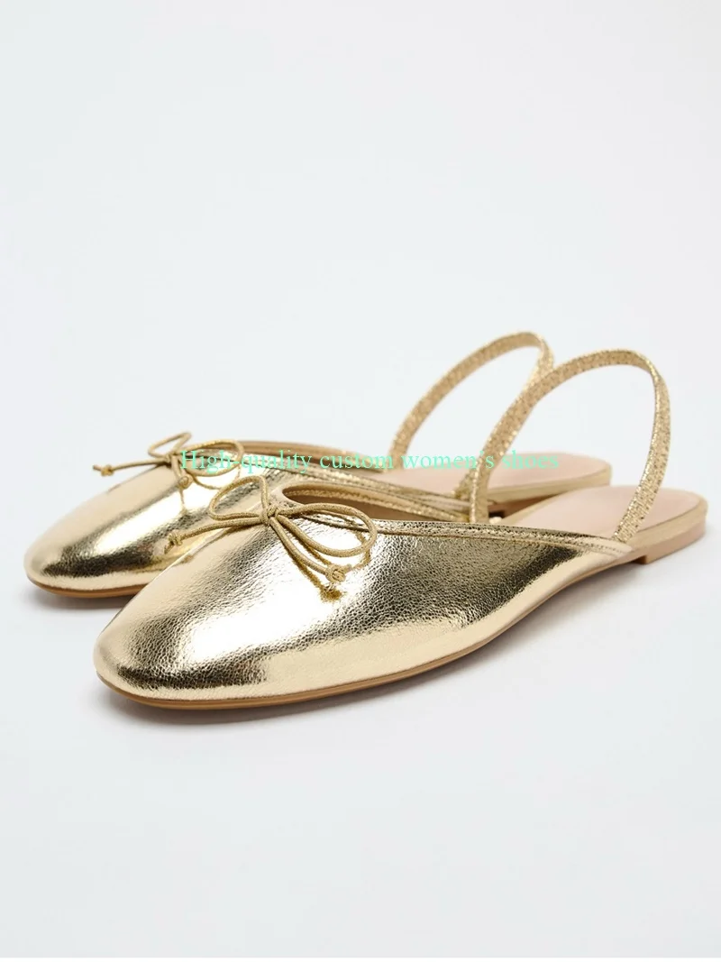 

Round Toe gold Bow Decorative Women's Summer Sandals Asakuchi Elastic Band Finishing Luxurious Banquet Flat Shoes