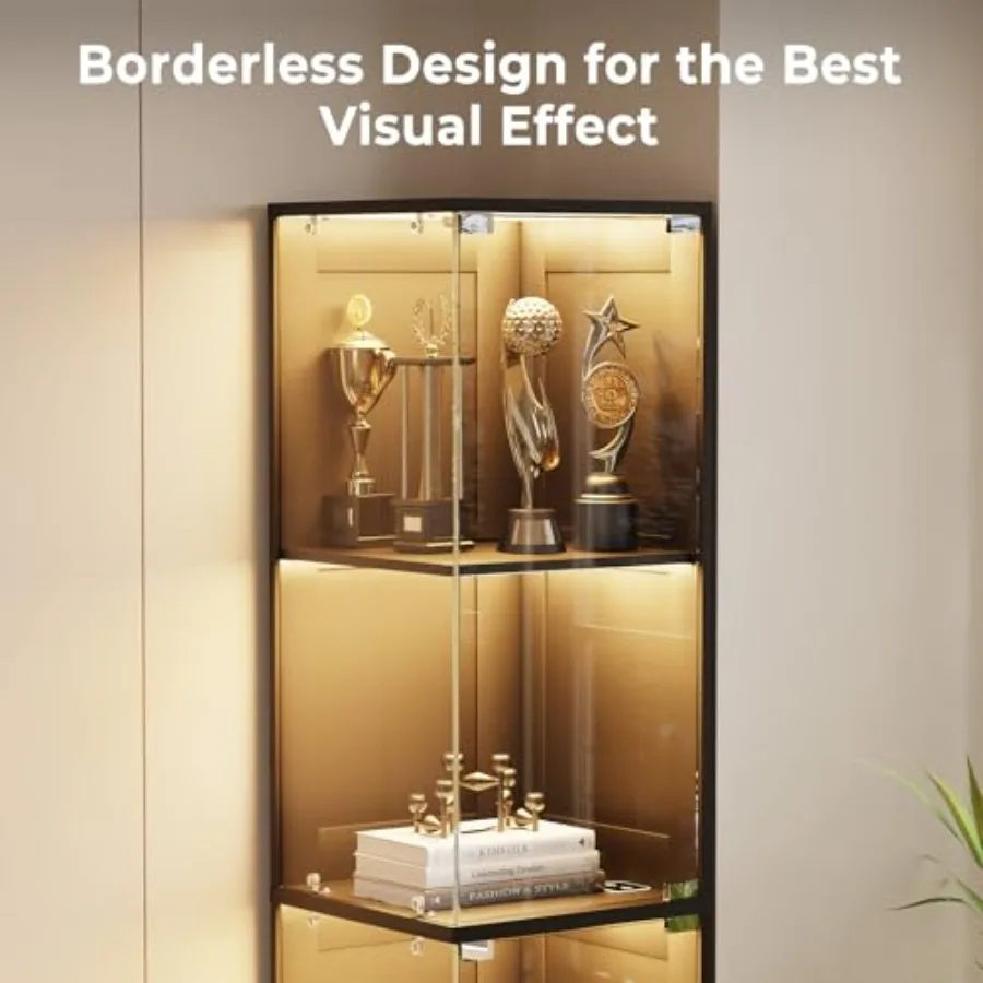 Corner display cabinet with glass doors, MDF wood in white, 3-color LED lights and human body sensor for collectibles, toys, bo view 5