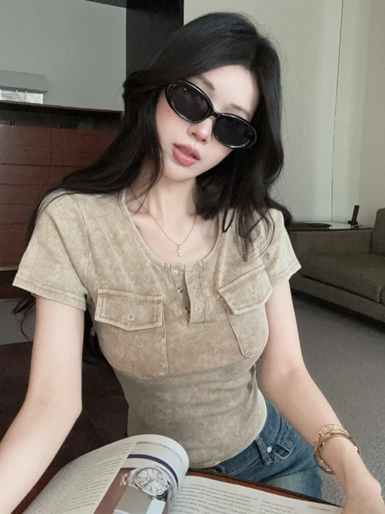 

Summer New American Style Short Sleeve T-Shirt Women's Slim Fit Washed Outdated Snowflake Print Workwear Top City Walk Friendly