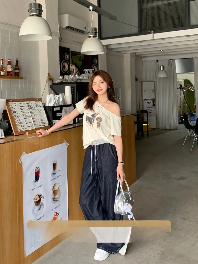 

Утягивающие широкие джинсы, темно-синие повседневные женские модные брюки с высокой талией, подходящие для людей небольшого зростания