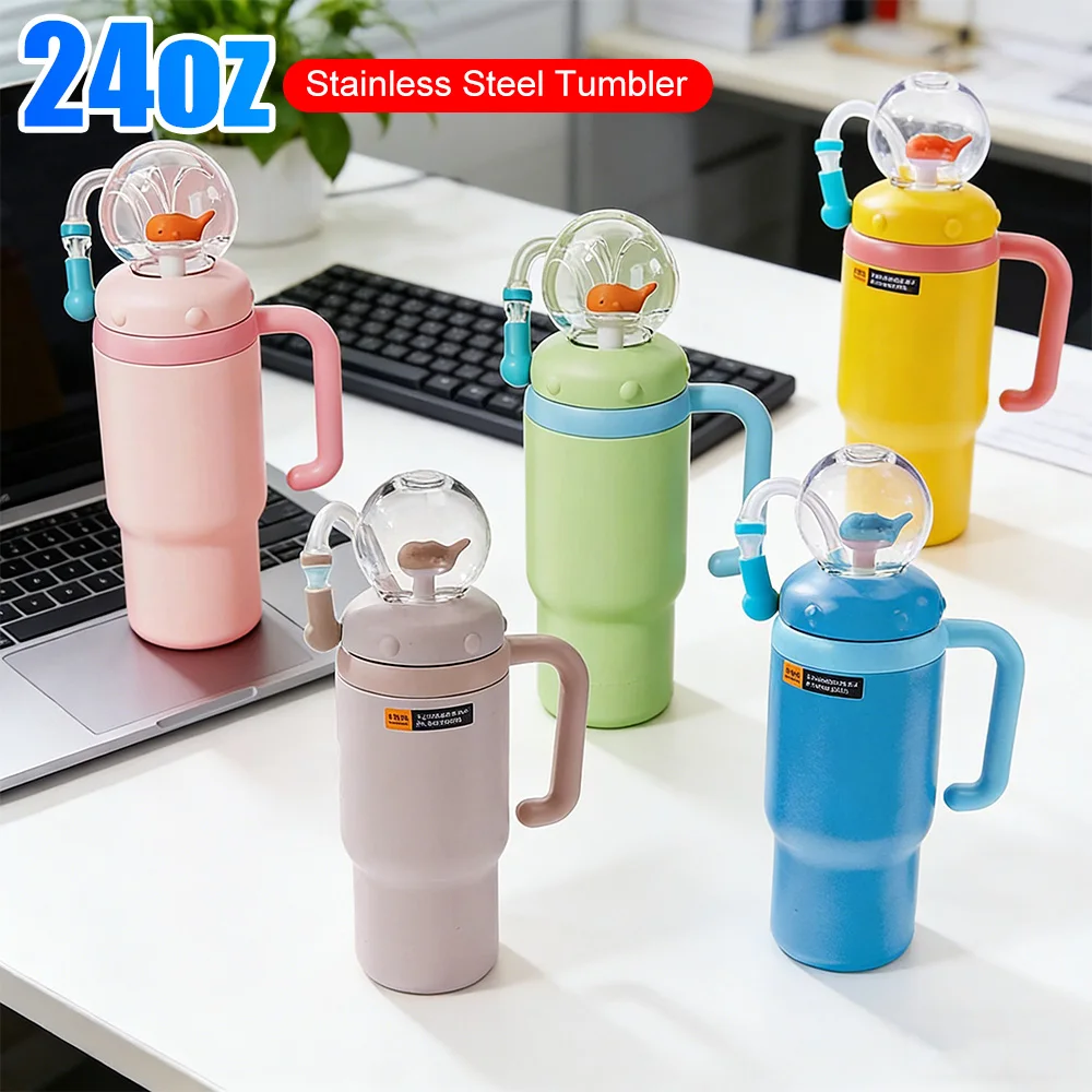 

24oz Stainless Steel Whale Fountain Tumbler with Handle Creative Whale Water Cups 710ML Leak Proof Cute Drinking Cup with Straw
