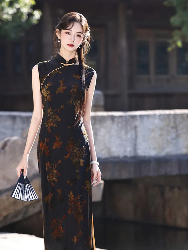

Ele Vintage Sle Long Svel Women's Qipao Dr Faionable Slimming Daily Wear Comfortable Breathable Floral Print