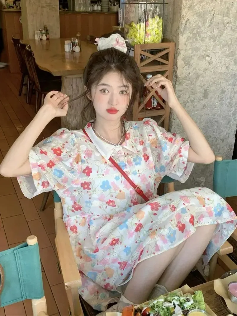 夏の新甘い花柄ドレス女性の韓国のファッションプラスサイズルーズフリルエッジかわいい Y2k ドレス女性のための