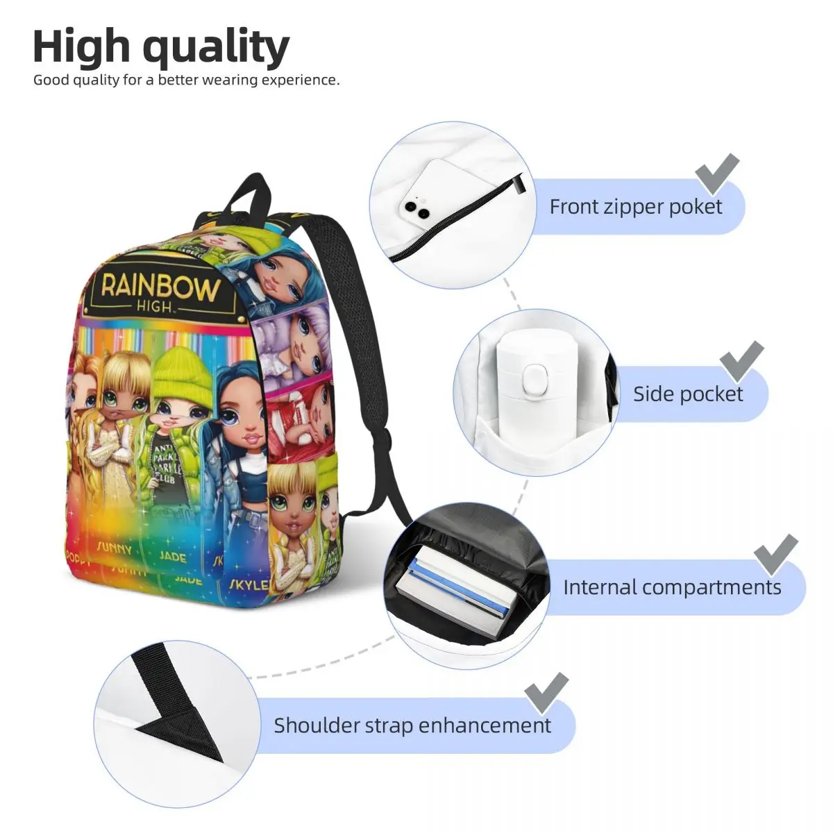 Rainbow High Backpack para estudante do ensino médio, Adolescentes Daypack, Travel Bookbag