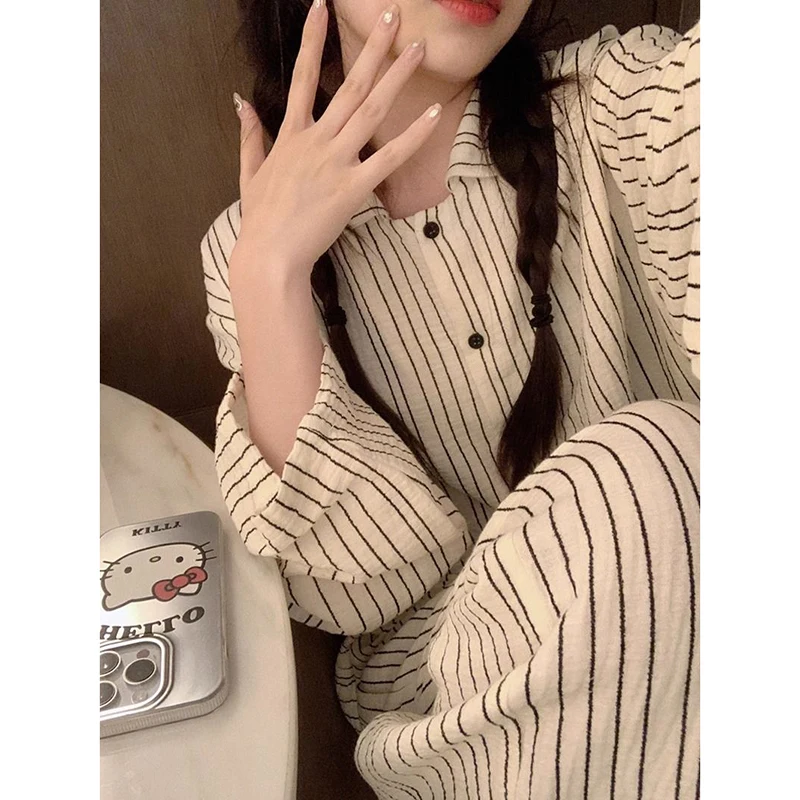 Striped Sleepwear Women Pajama Sets Casual Piiama Korean Pants Sets for Women 2 Pieces Button Night Wears Autumn Home Suit New