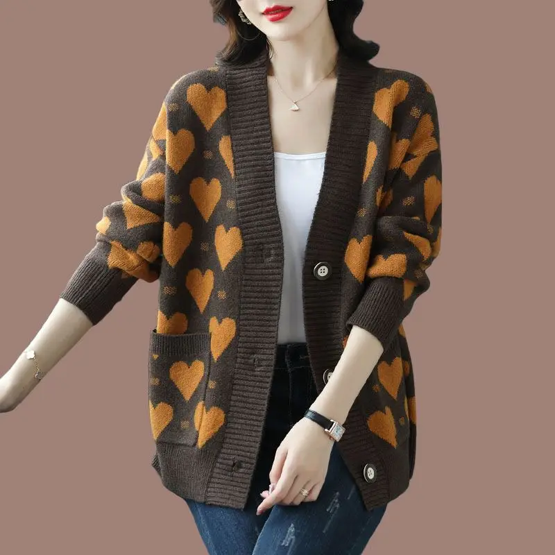 Autumn Winter Oversized sweater Cardigan Casual Korean printing Buttons V-neck Long sleeve knitting coat Ladies elegant top tee