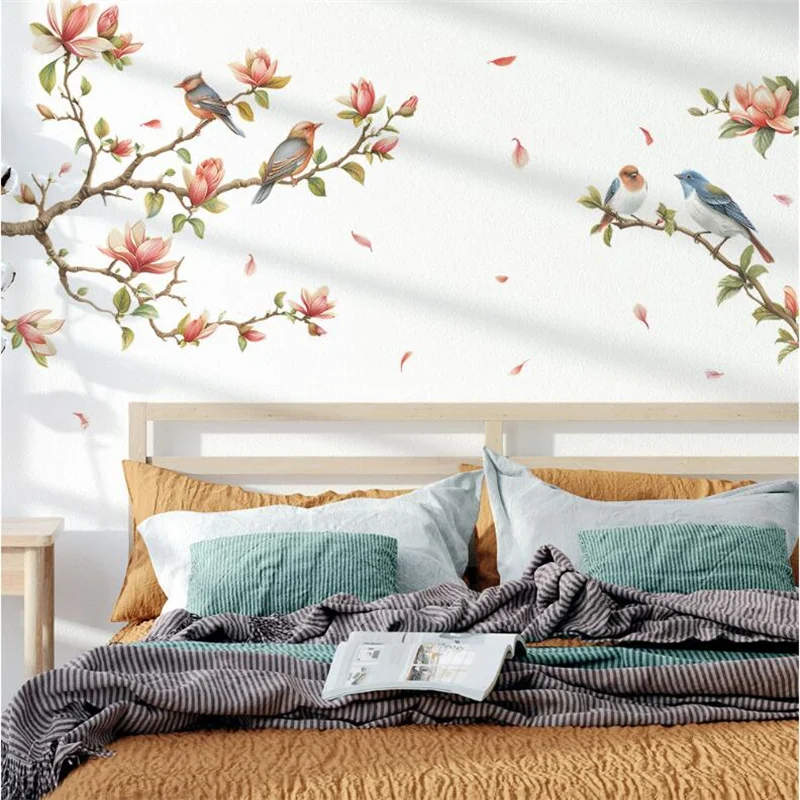 Pegatinas de pared de ramas de árbol de Magnolia, autoadhesivas, pájaros en la entrada, dormitorio, sala de estar, decoración del hogar, 90x39CM