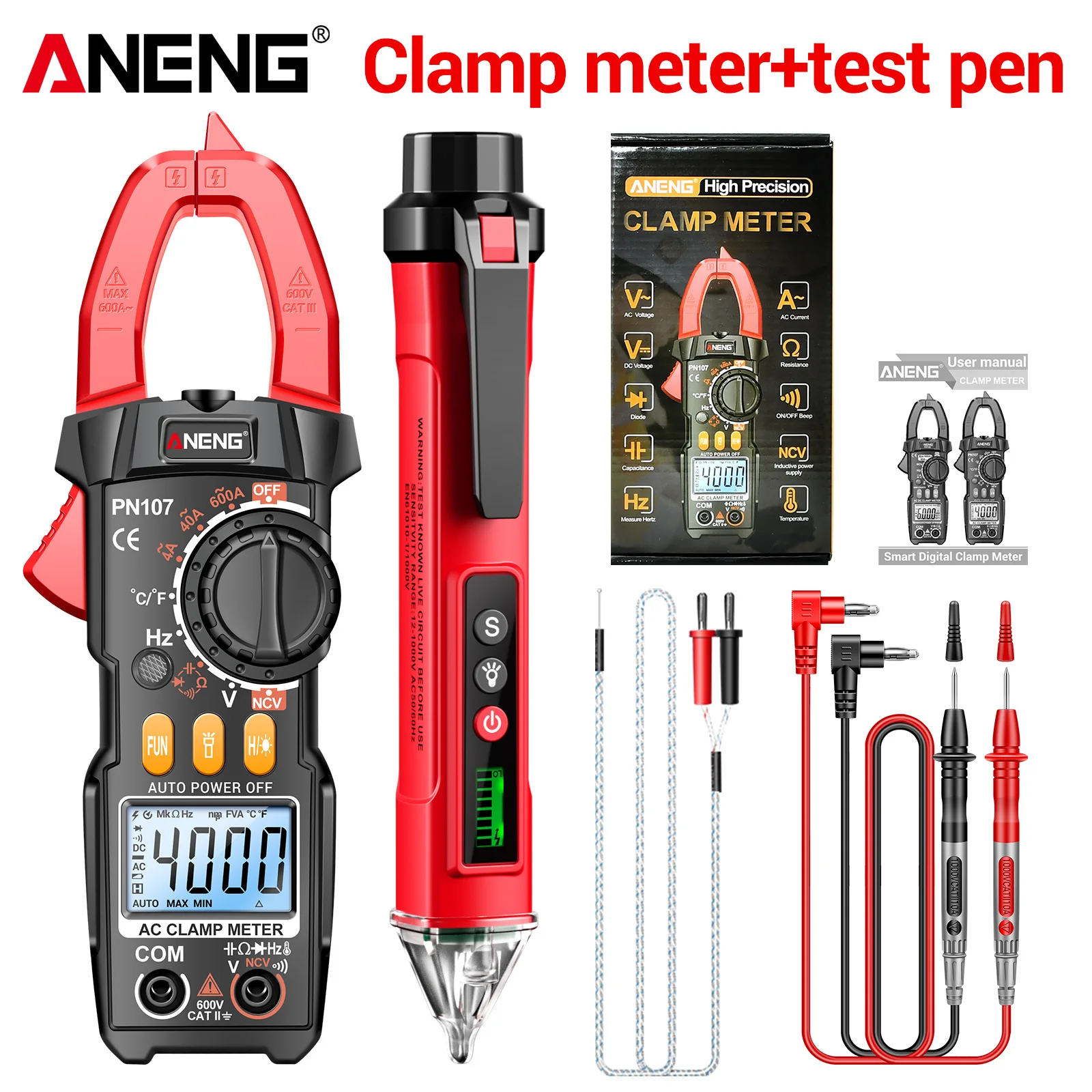 ANENG PN107 Clamp Meter+ VC1010 NCV Voltage Tester Pen Kit Current Volt Cap Freq Temp Live Neutral Wire Electrician Repair Tool