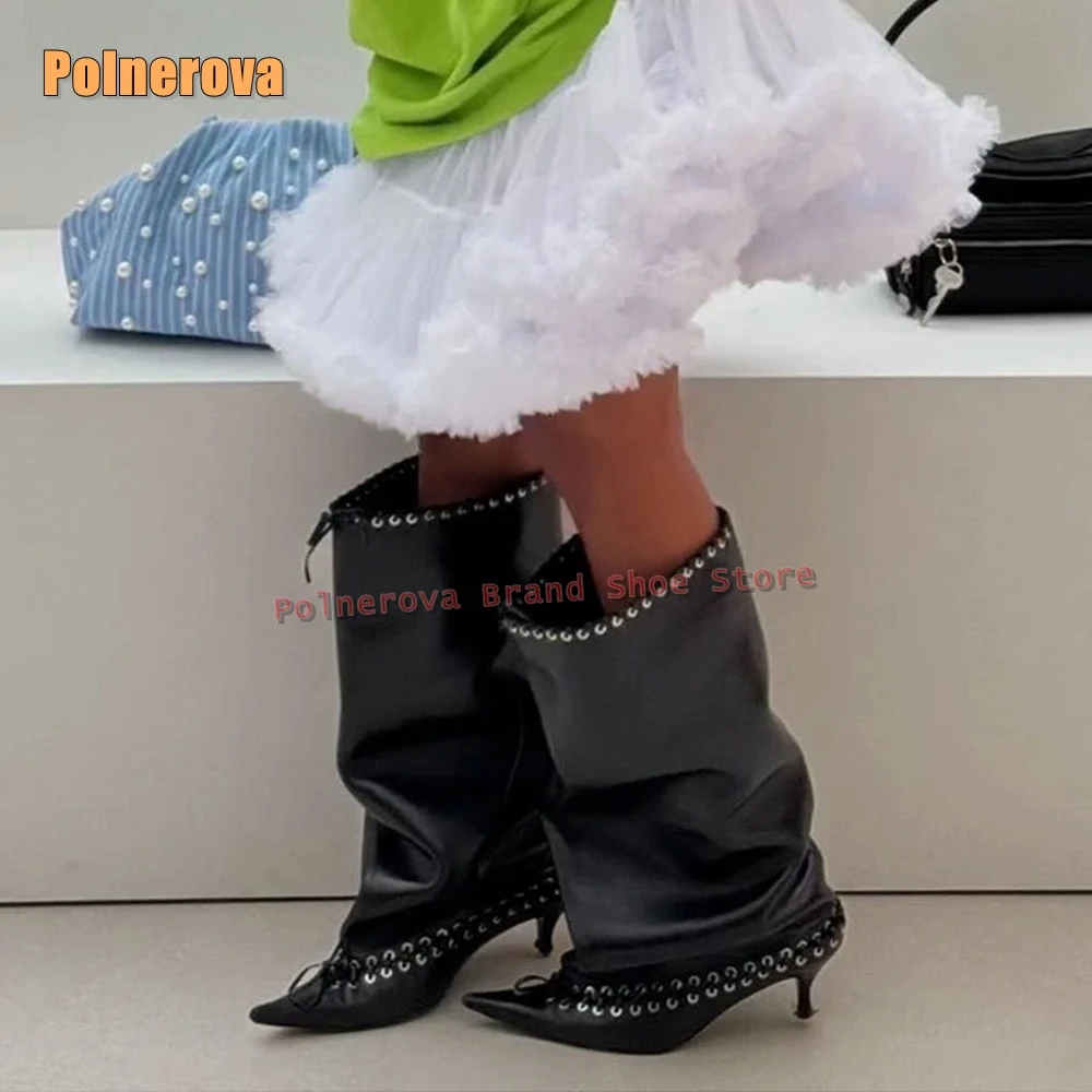 

Black Eyelets and Whipstitching Modern Boots 2025 New Arrivals Pointed Toe Rubber Kitten Heel Street Style Knee High Boot Rivet