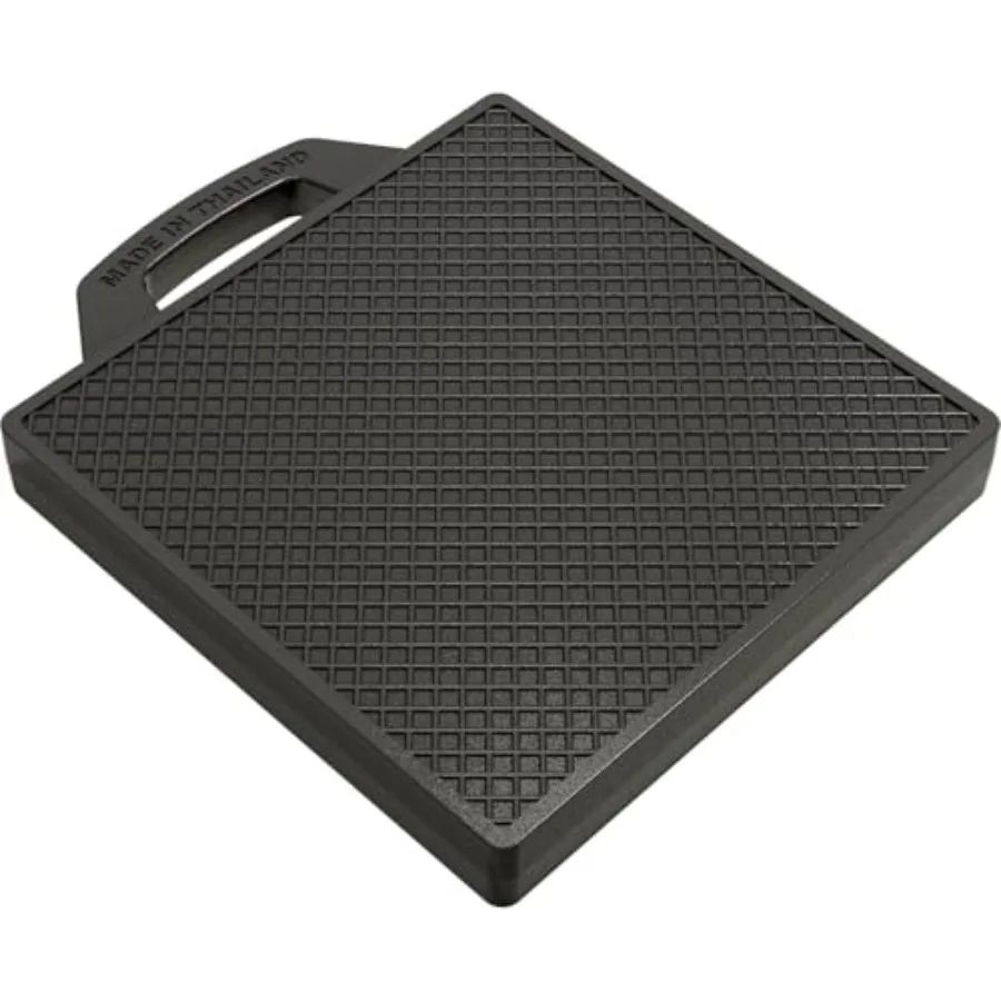 

RV leveling application, heavy-duty rubber, black, portable handle and stabilizing design for outrigger pads