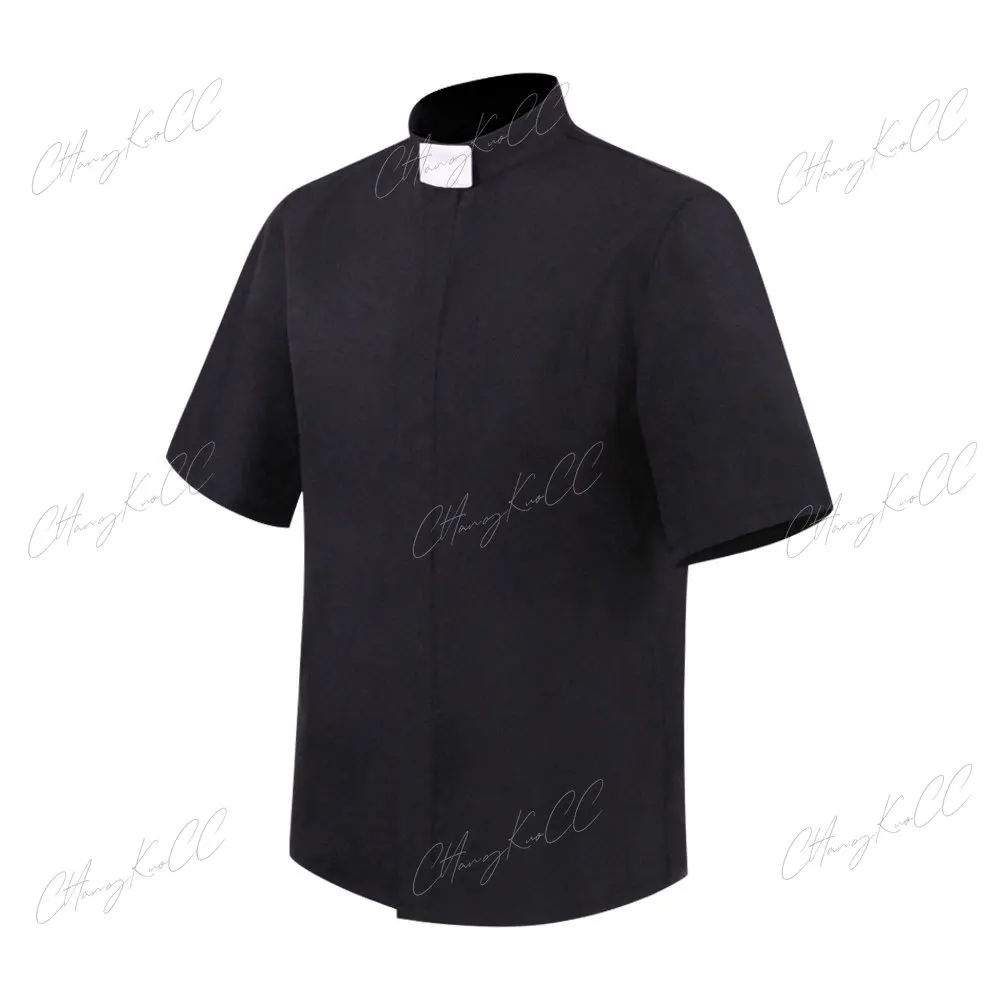 Camisa masculina de colarinho com aba em pé do padre, blusa romana, pastor, igreja católica, manga comprida curta, tops para pregador, elegante, S-5XL