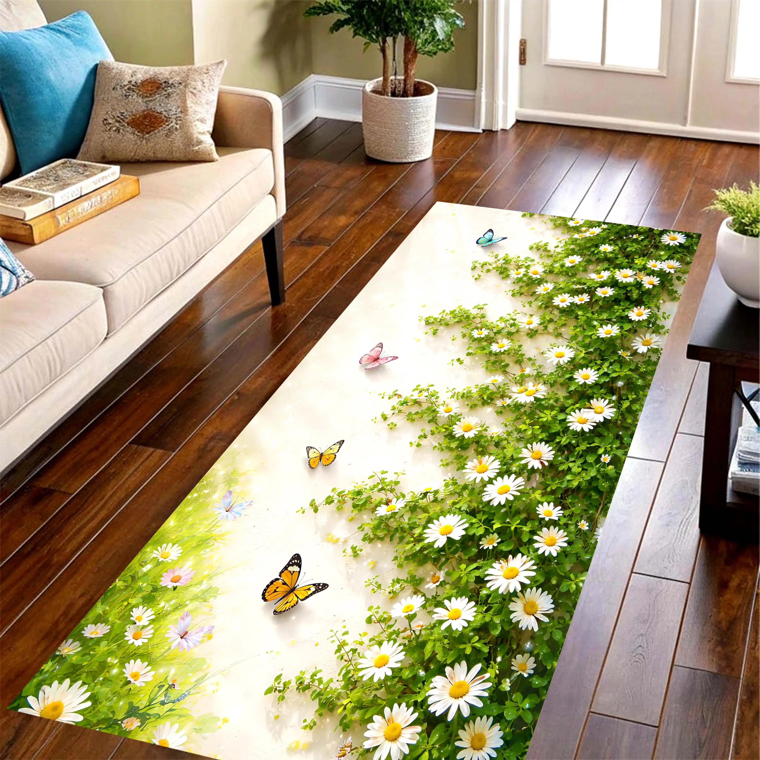 Dark Wisteria Flower Long Runner Rug,purple vine print floor mat,kitchen corridor,living room and front door decor