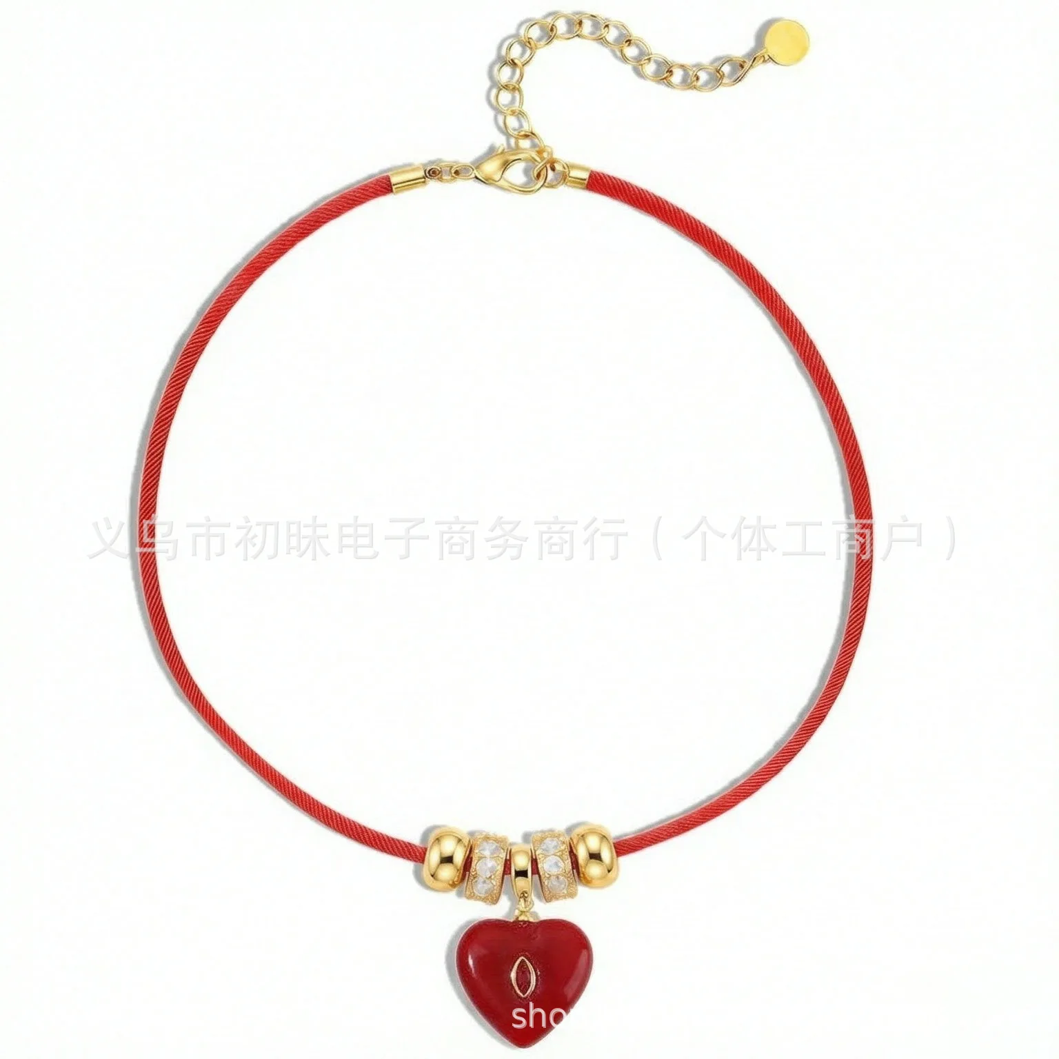 Red Cord Choker Necklace Red Heart Pendant Gold Spacer Beads Inlaid Rhinestone Short Neck Chain Fashion Charm Collar Jewelry for