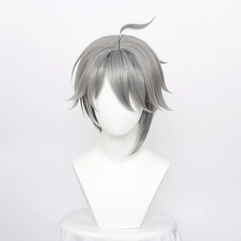 Genshin Impact Al Haitham Cosplay Wig 30cm Short Gray Wig Cosplay Anime Cosplay Wigs Heat Resistant Synthetic Wigs + Wig Cap