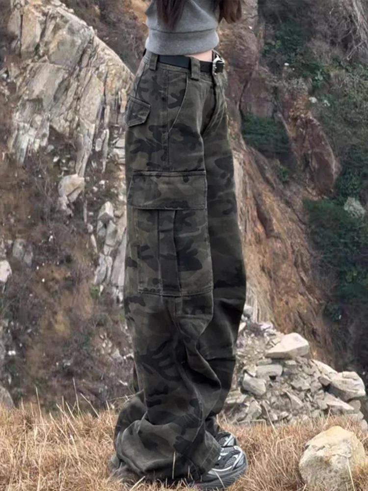 American Retro Camouflage Workwear Jeans High Waist Loose Fit Women's Autumn Style Multi-Pocket Casual Straight Leg Pants