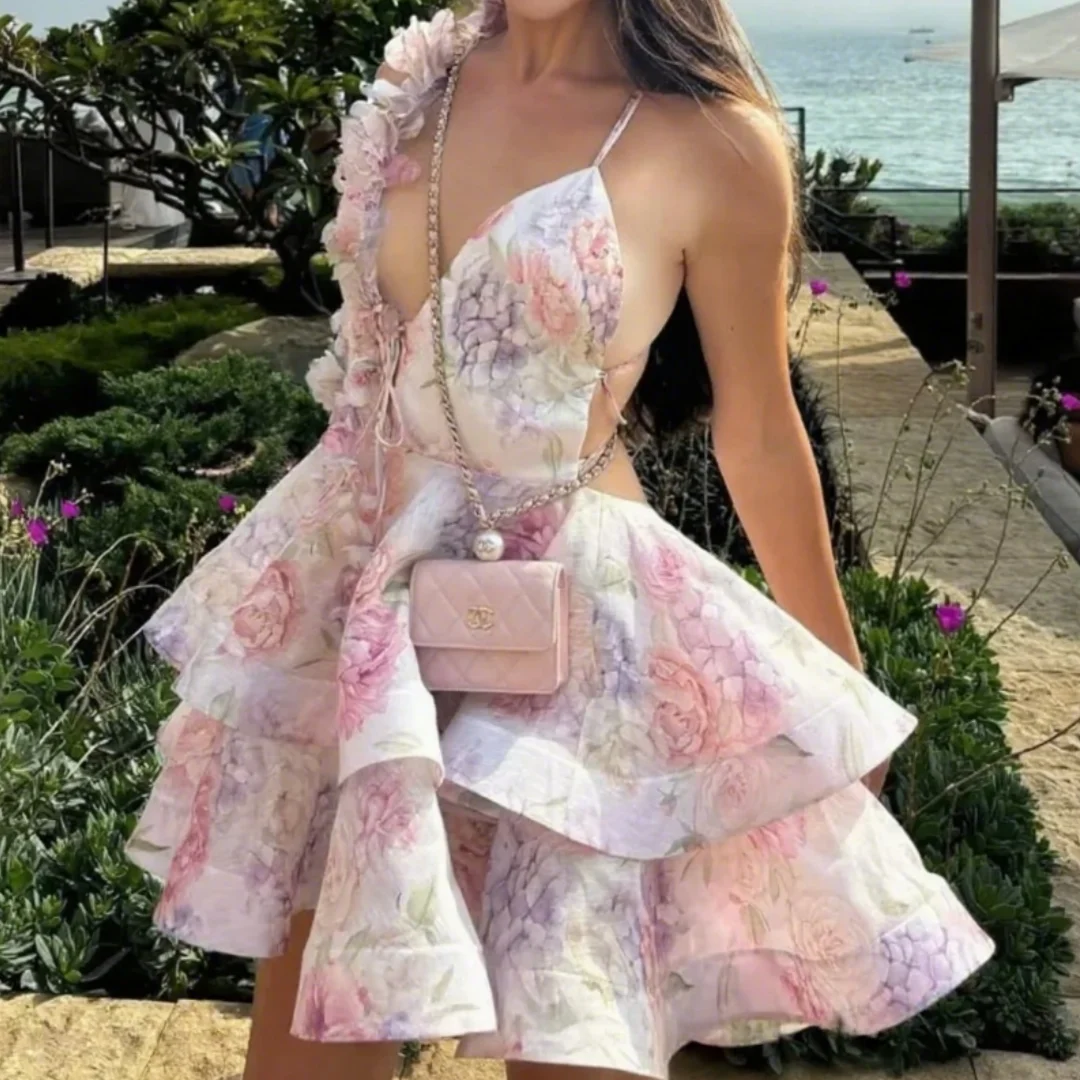 

Sexy Sleeveless Birthday Gown Beach Vacation Dress Elegant A-line Short Floral Print Prom Dresses Customized