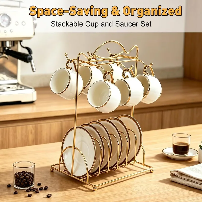 1Set Espresso Cups with Saucers Set of 6, 3.4 Oz Ceramic Demitasse Coffee Cups with Metal Stand and Flower Spoons, Elegant Gold Trim Porcelain Mugs for Cappuccino, Latte, Macchiato, Tea
