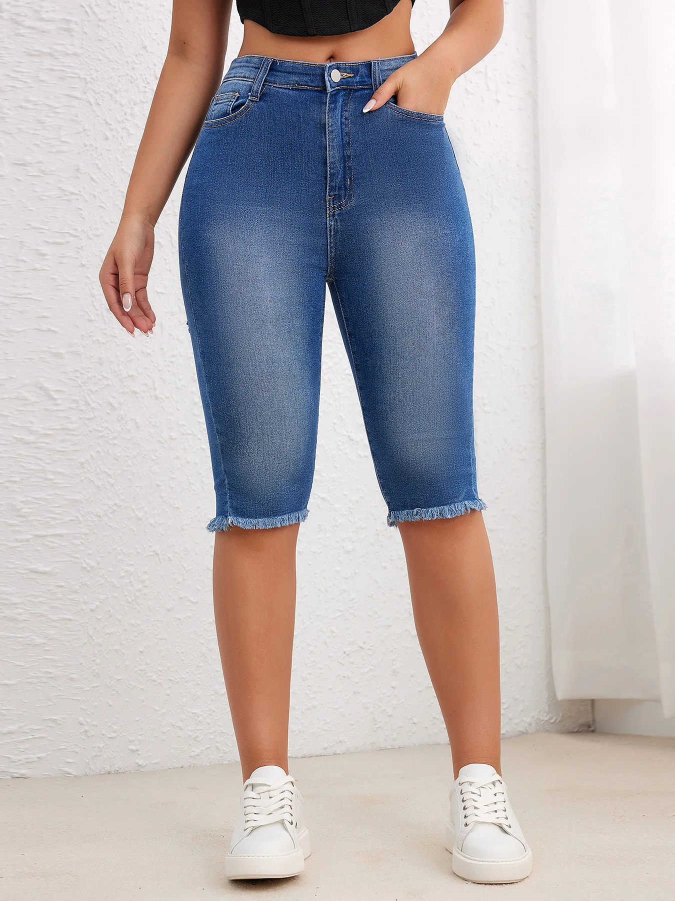 Jeans donna denim lunghezza al ginocchio sexy scava fuori effetto lavato skinny pantaloni dritti elasticizzati a vita media 2025 streetwear estivo