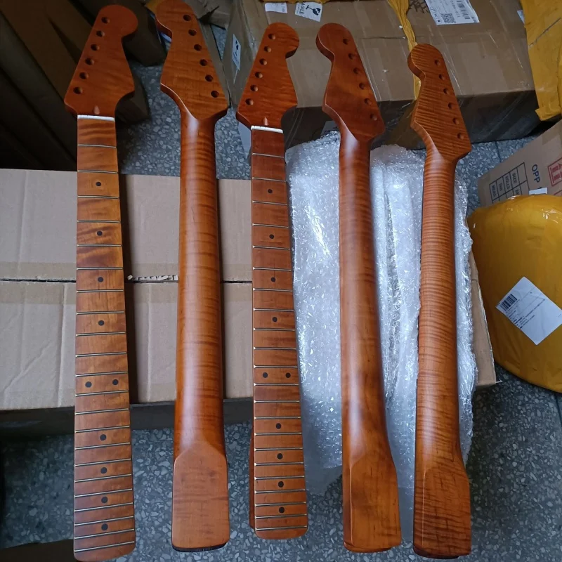 6 strings, 22 frets, full tiger pattern, roasted maple, matte, 5.6cm wide, electric guitar neck, cow bone pillow