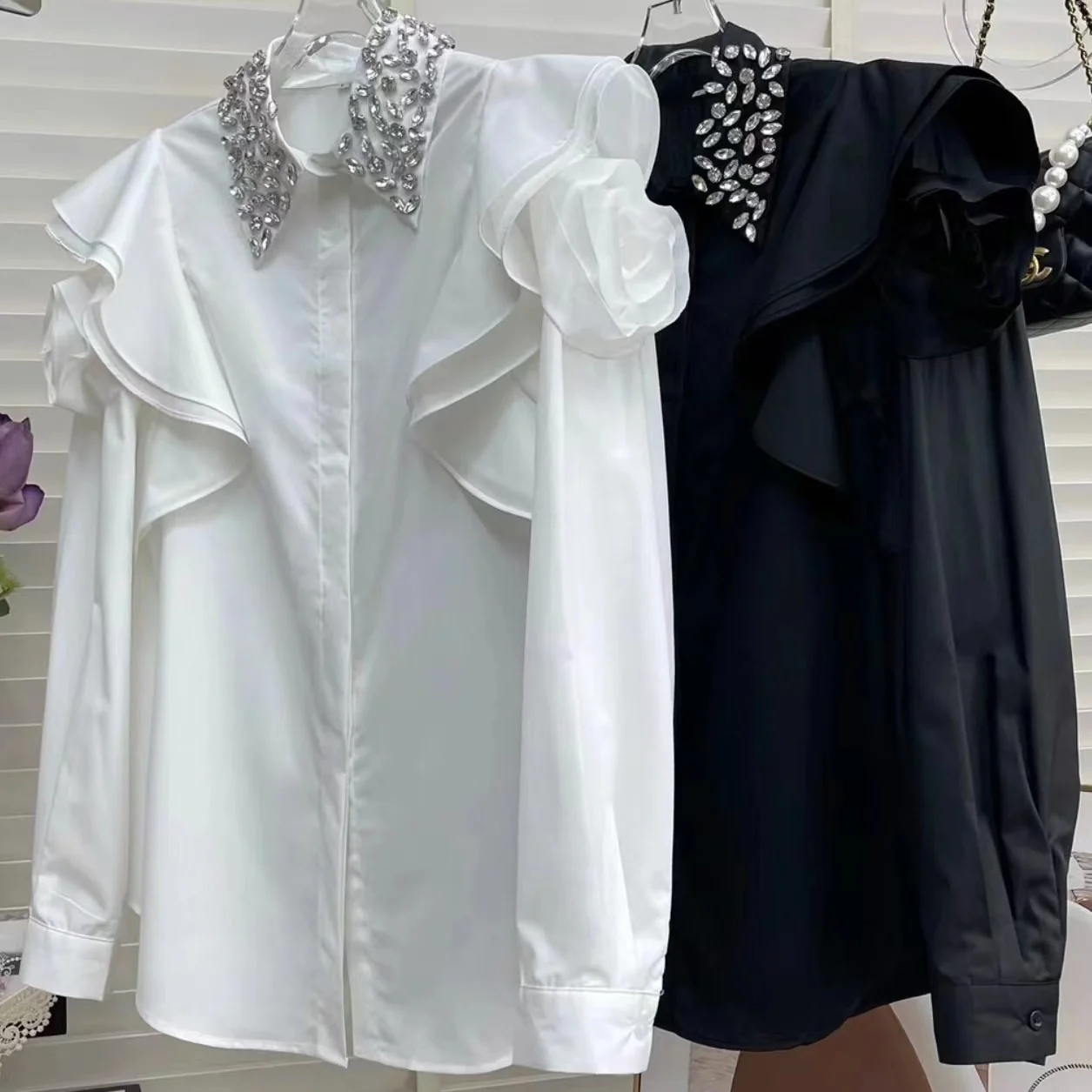 Camisas De Mujer Women Diamonds Ruffles Shirts Blouses For Women 2024 Autumn Long Sleeve Single Breasted White Black Tops Blusas