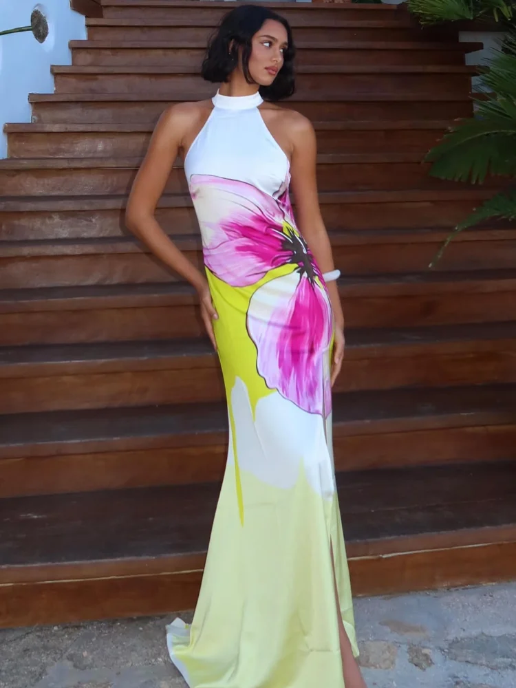 

Новое женское элегантное макси-платье с цветочным принтом, желтое, с высоким боковым разрезом, легкое, в стиле арт-стрит, Vestidos