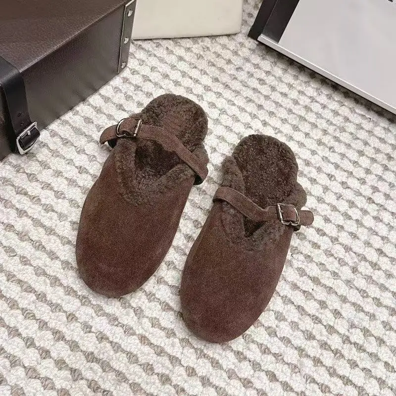 Mao Mao Mouller Shoes Women's Autumn and Winter Baotou Slippers with One Button and Lazy Shoes Warm Mao Slippers
