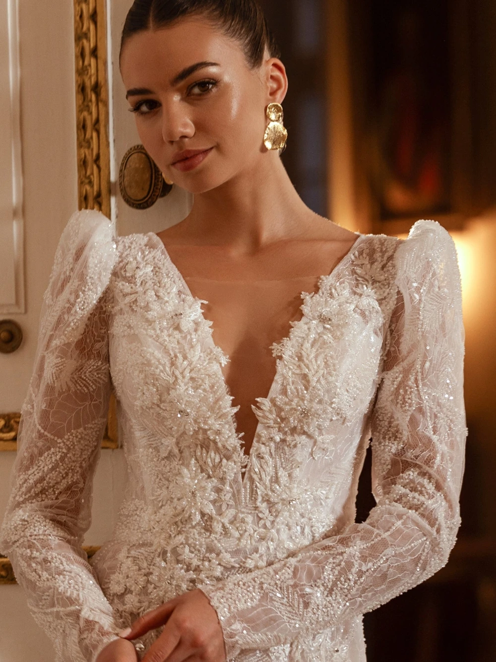 Mais novo glitter sereia tule vestido de casamento renda romântica sexy profundo decote em v opulento vestido de noiva personalizado pérolas moderno wear