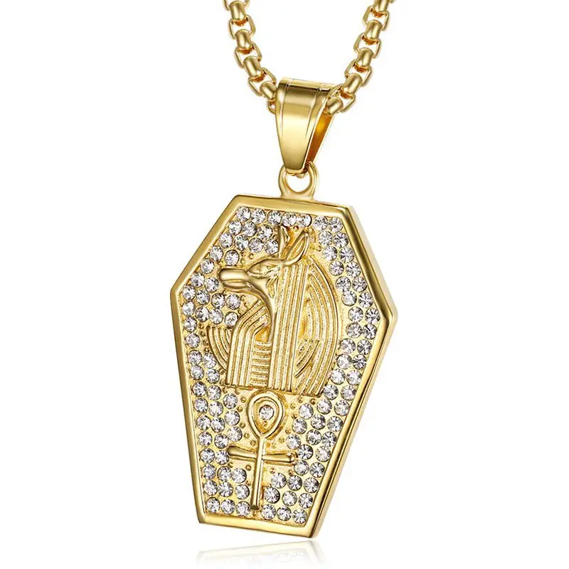 Hip Hop Full Rhinestone Bling Iced Out Gold Color Stainless Steel Egypt Ankh Cross Anubis Pendants Necklace for Men Jewelry