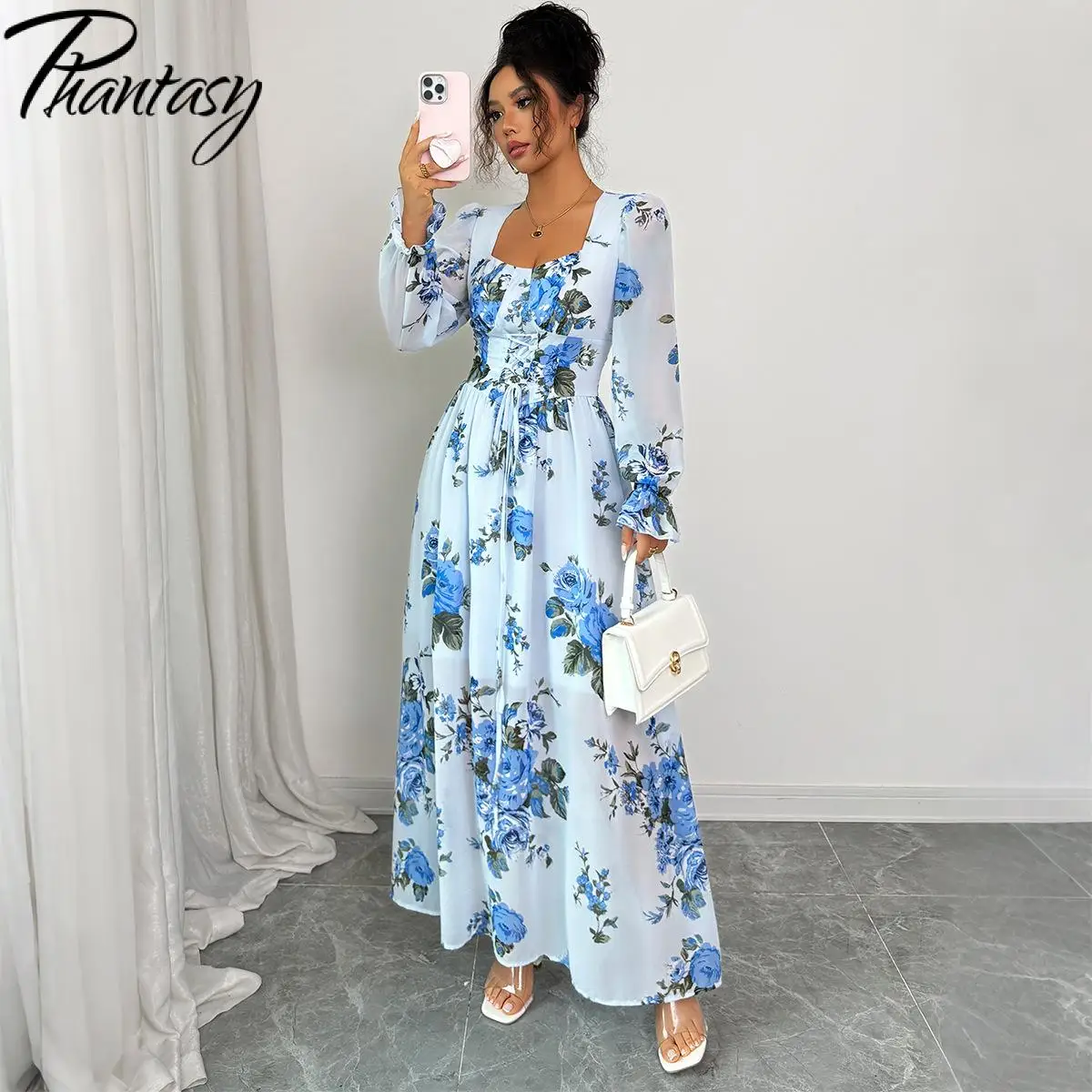 Fantasma estilo francês vestido moda u-pescoço manga comprida simples flor impressão sexy feminino vestido de dupla camada roupas femininas