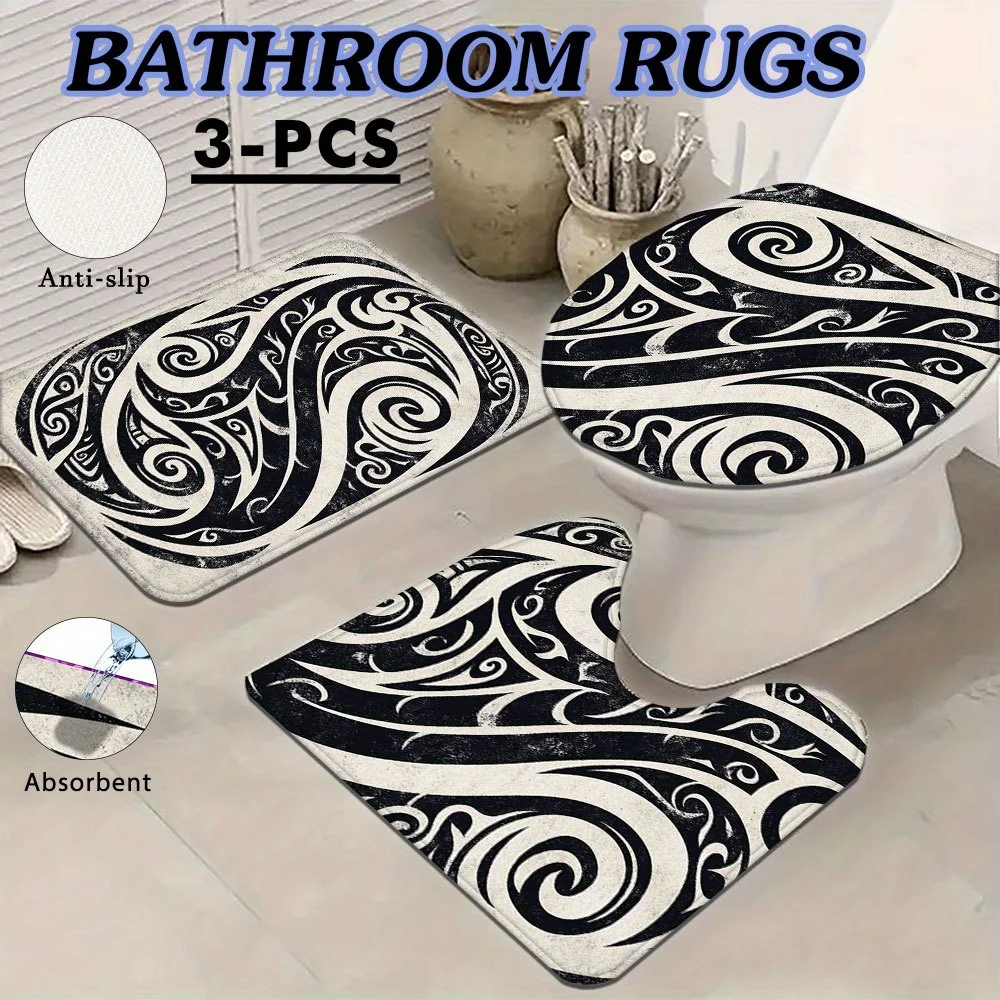 3pcs Flannel Non-Slip Sharkskin Texture Set Including a Floor Mat with Black And White Swirl Design, a Toilet Seat Cover, And a