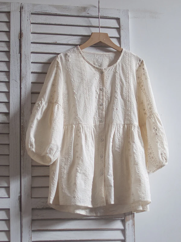 

TIYIHAILEY весенне-летние хлопковые топы для женщин, футболки с рукавами три четверти, тонкая белая рубашка с вышивкой, женские однобортные