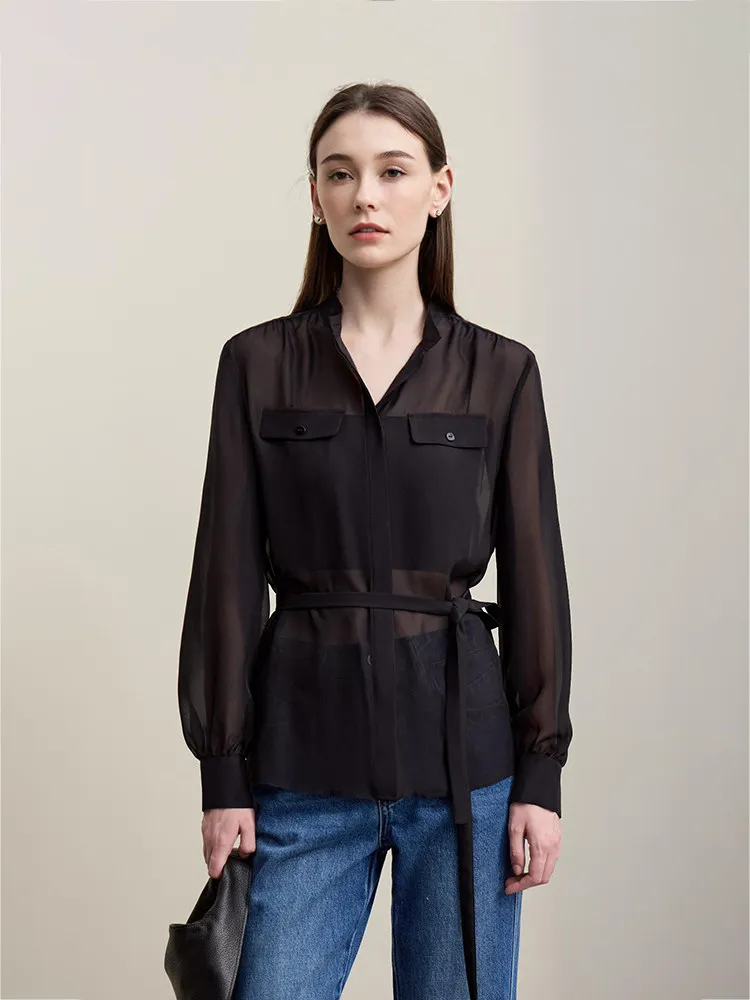 Amii chemise pour femme 2026 printemps nouveau banlieue col montant avec ceinture soie à manches longues haut femmes décontracté chemise noire 12621057