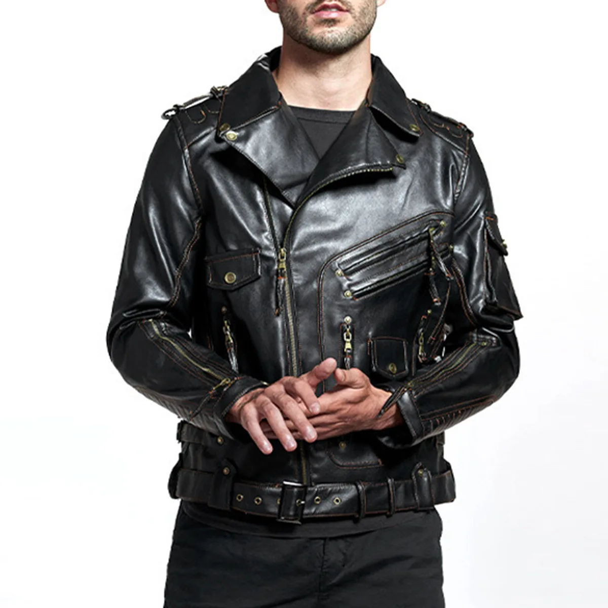 

Men Fashion Motorcycle PU Leather Jackets Cool Zipper Pockets Leather Coats Clothing Winter Mens Motorcycle Leather Jackets