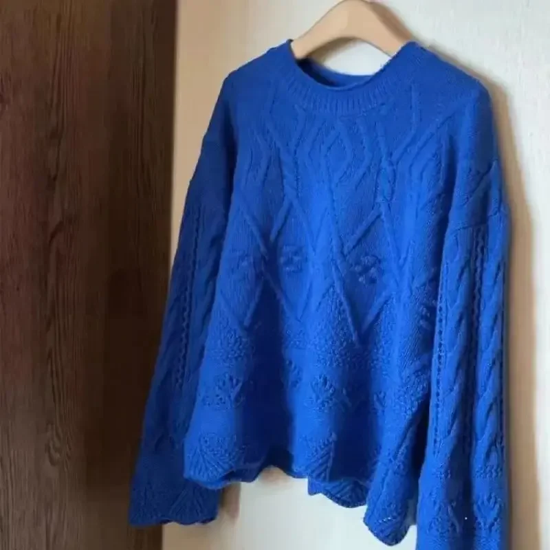 

Korean Fashion Blue Hollow Out Knit Cashmere Pullover Women Autumn New Long Sleeve Female Vintage Sweater Casual Soft Knitwear
