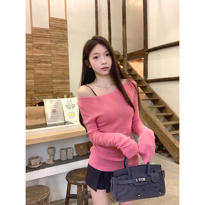 

Korean Sle Pure Desire Diagonal oulder Long Sve Knitted Sweater Women's Base irt Spring Season High Faion Sensation