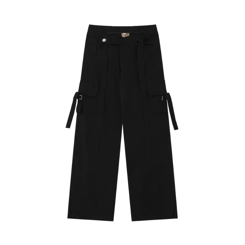 OR FL Trendy Brand Personality 100 Cotton Women Cargo Trousers Ribbon Decoration Cross Waist Seal Japanese style Staraight Pants
