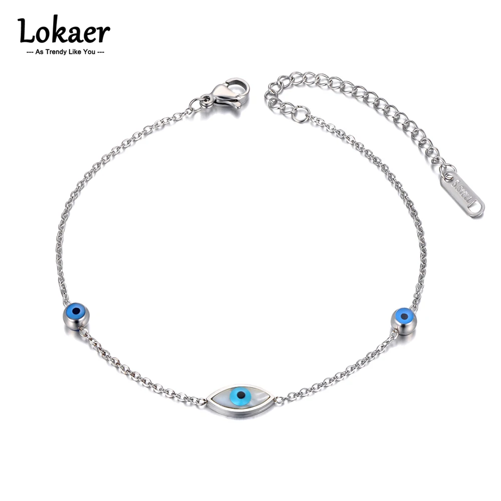 Lokaer Titanium Stainless Steel Link Chain Anklets For Women Girls Ethnic Blue Turkish Eyes Charm Foot Anklet Jewelry A22004