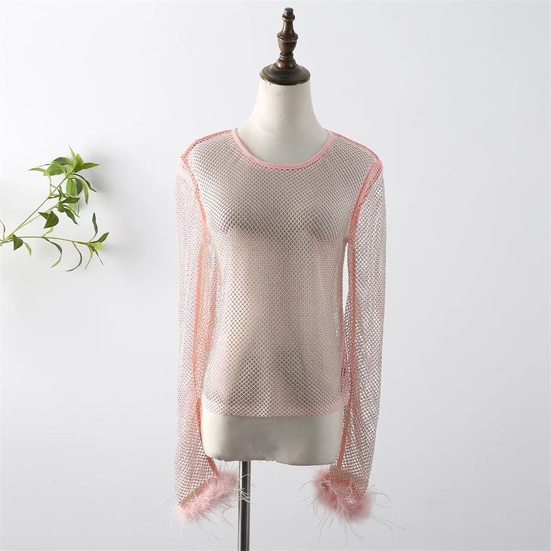 Damen Diamant-Netz-Top, Durchsichtiges Fischernetz-T-Shirt, Glitzernde Transparente Rundhalsbluse, Eng Anliegend, für Nachtclub, Party, Festival, Clubwear – Detail 5