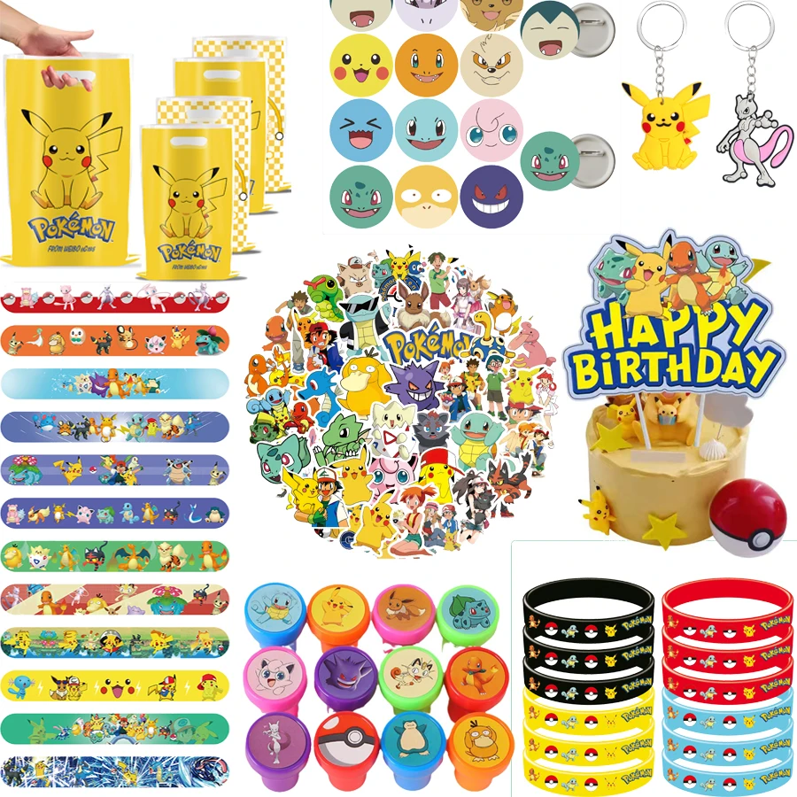 Pokemon Pikachu recuerdos de fiesta de cumpleaños pulseras de bofetadas sellos llavero recuerdos para niños decoración suministros de regalo de fiesta Sticke