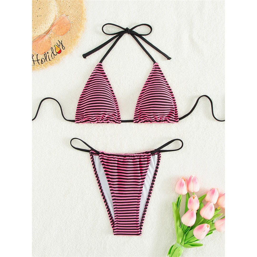 Gestreifter Neckholder-Bikini mit hohem Beinausschnitt, zweiteiliger Damen-Bikini, Badeanzug, brasilianischer Badeanzug, Badebekleidung, Schwimmbekleidung V6032 – Detail 10